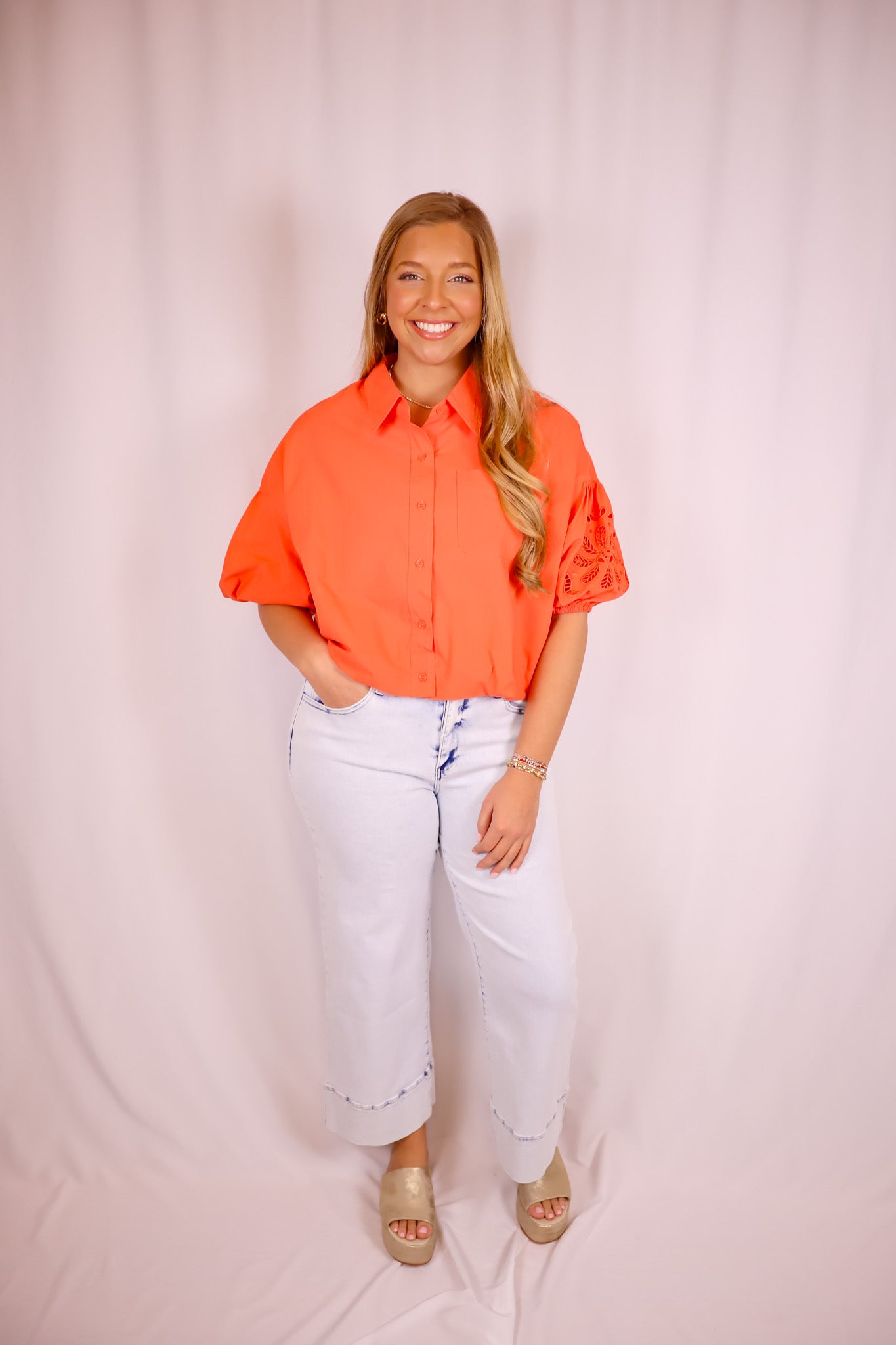 Coral Bubble Button Top