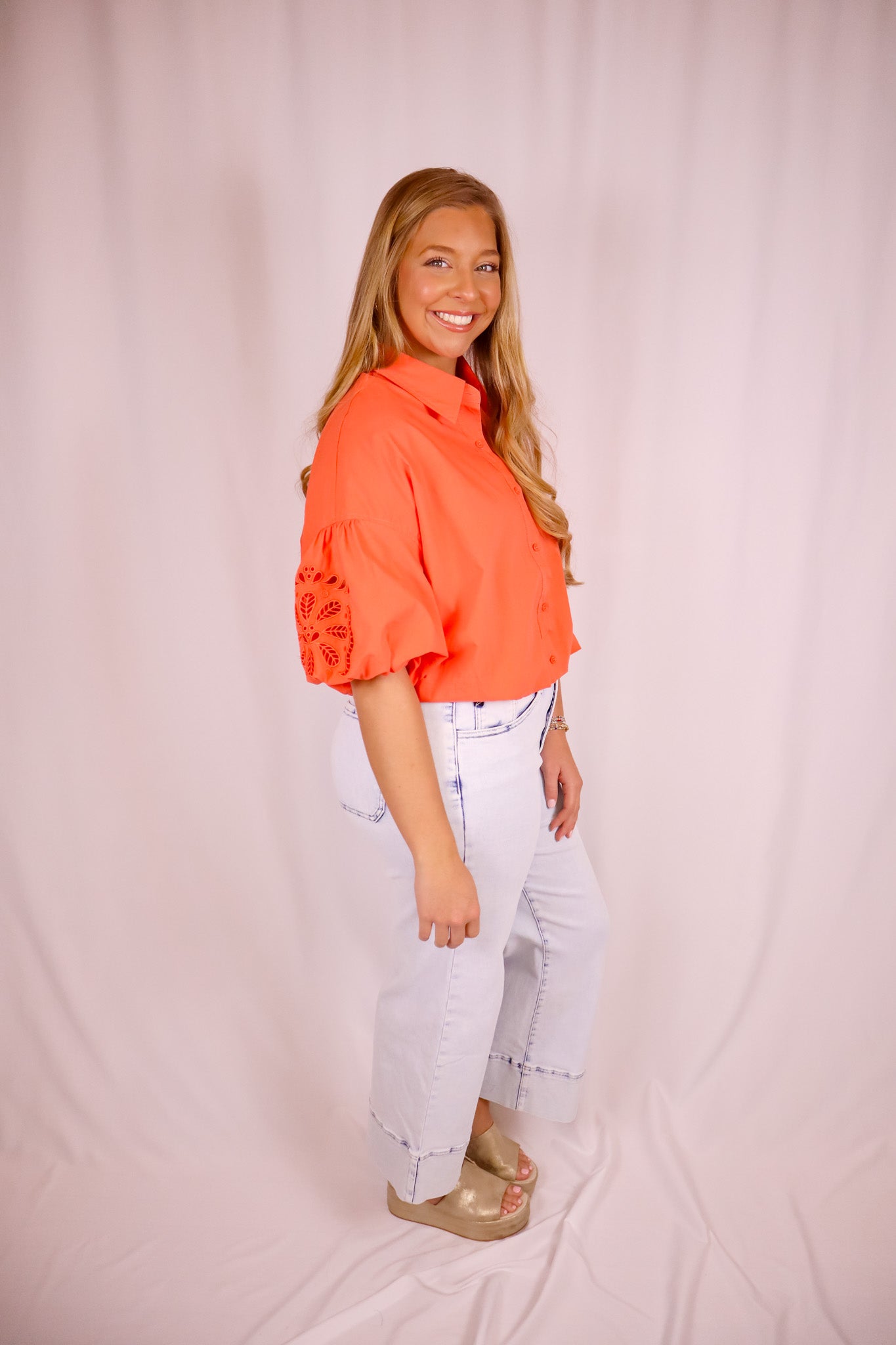 Coral Bubble Button Top