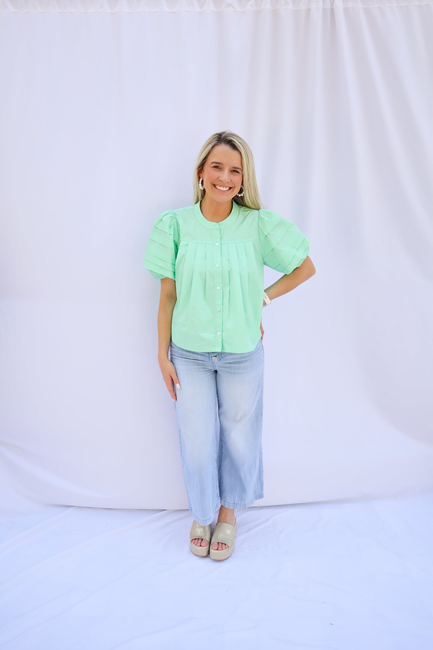Mint To Be Pleated Puff Sleeve Blouse