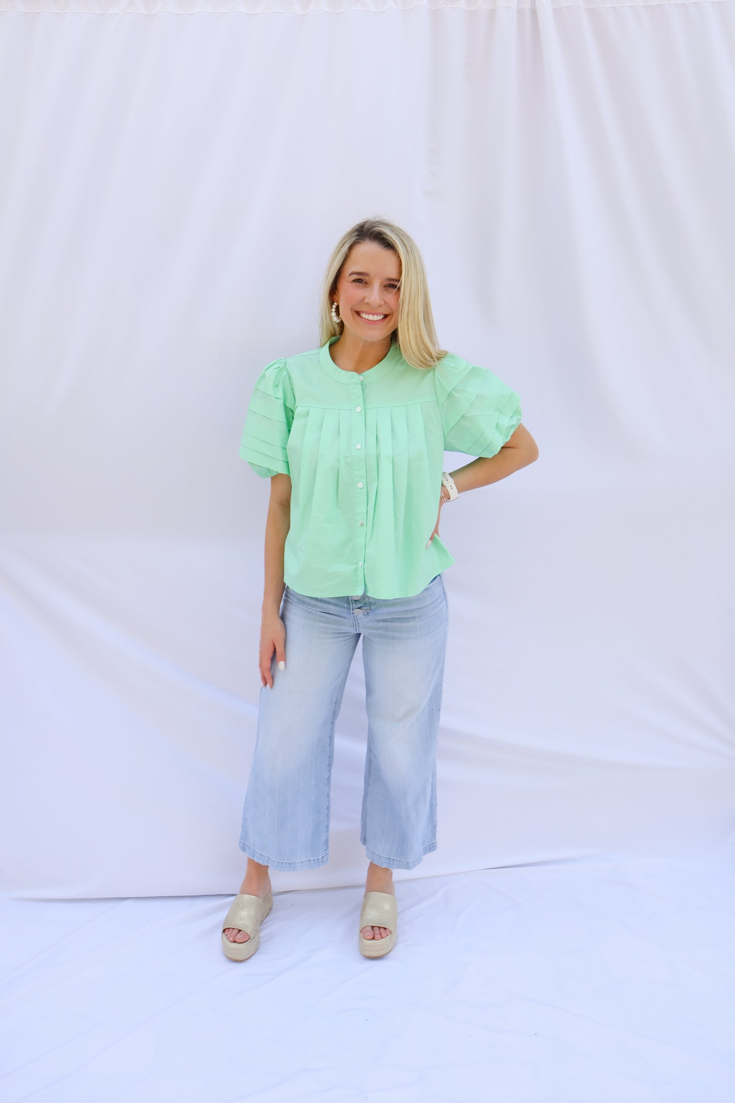 Mint To Be Pleated Puff Sleeve Blouse