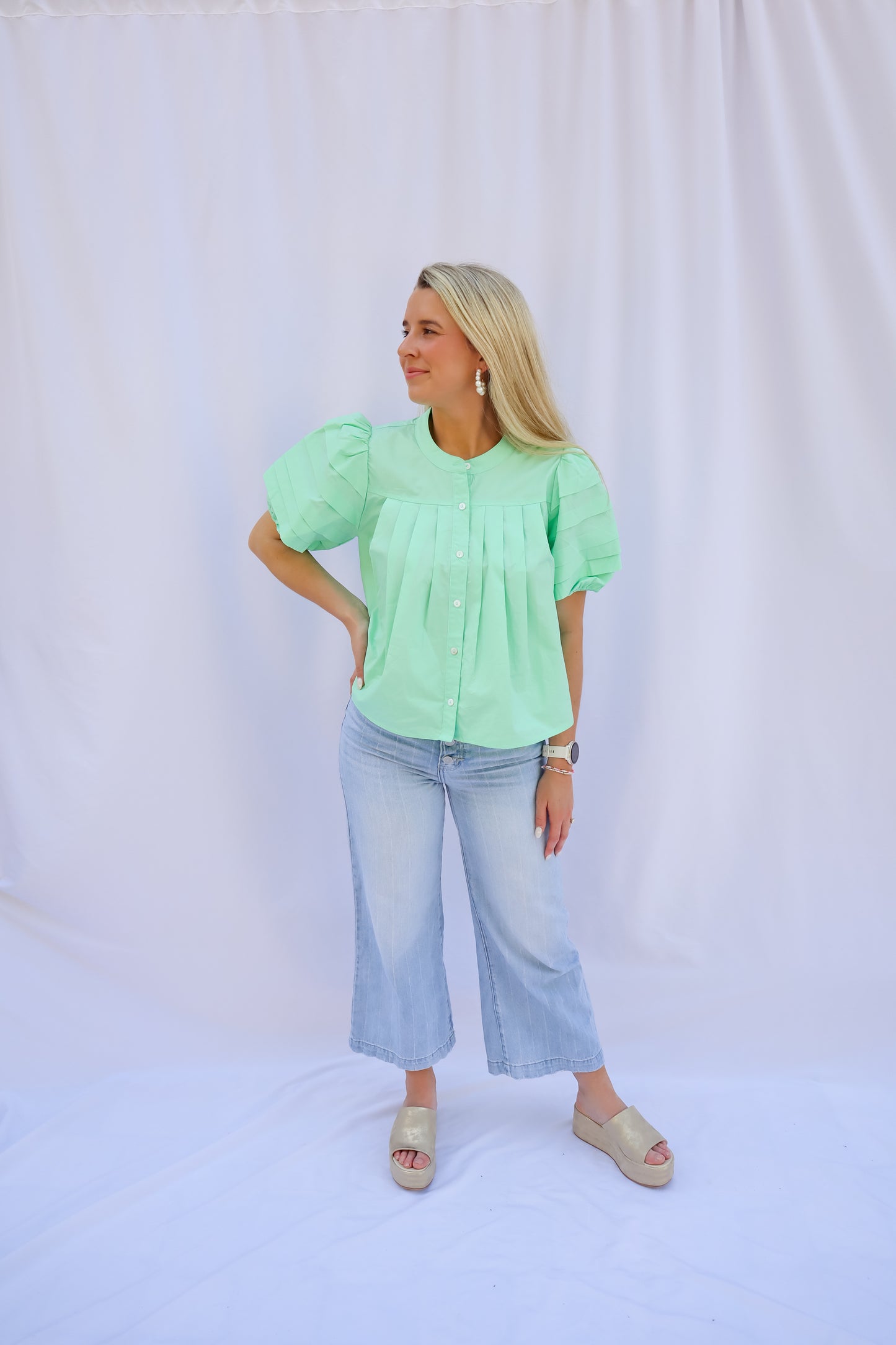 Mint To Be Pleated Puff Sleeve Blouse