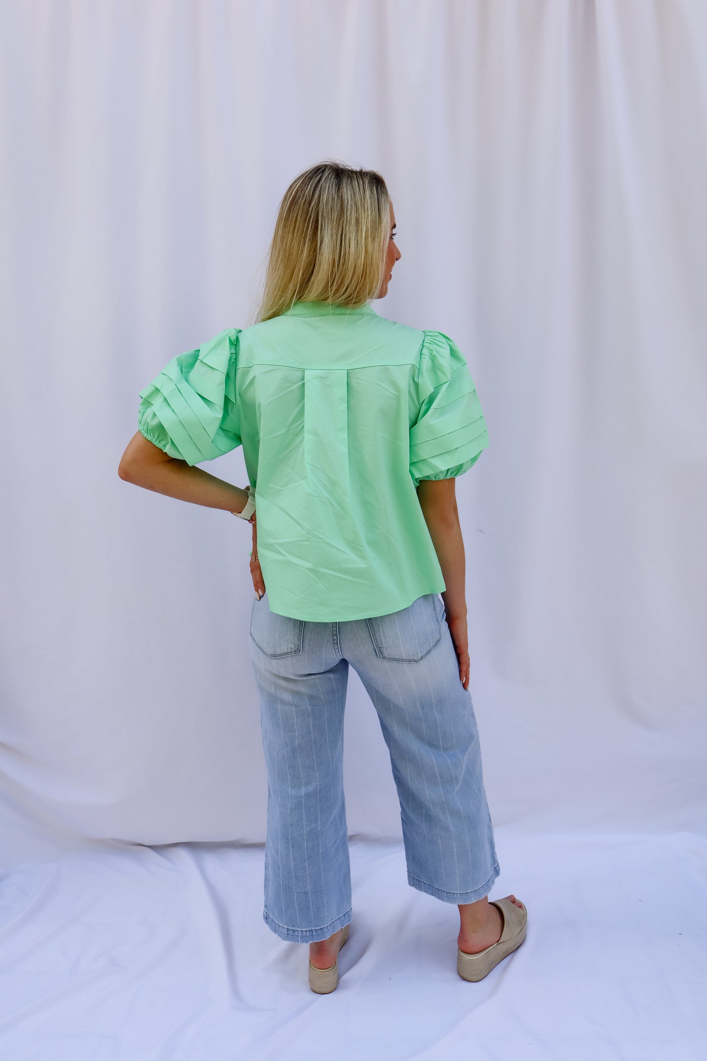 Mint To Be Pleated Puff Sleeve Blouse