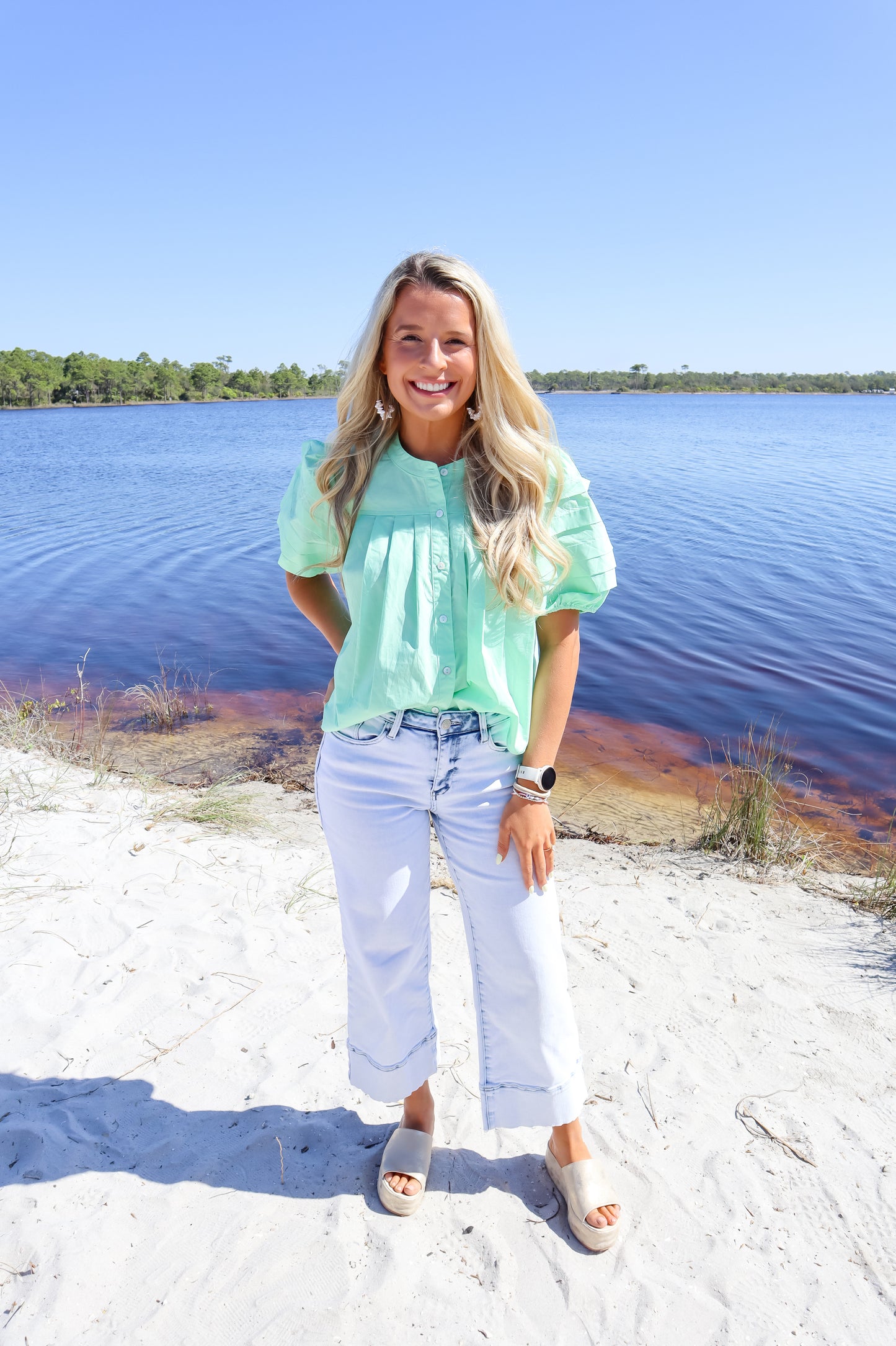 Mint To Be Pleated Puff Sleeve Blouse