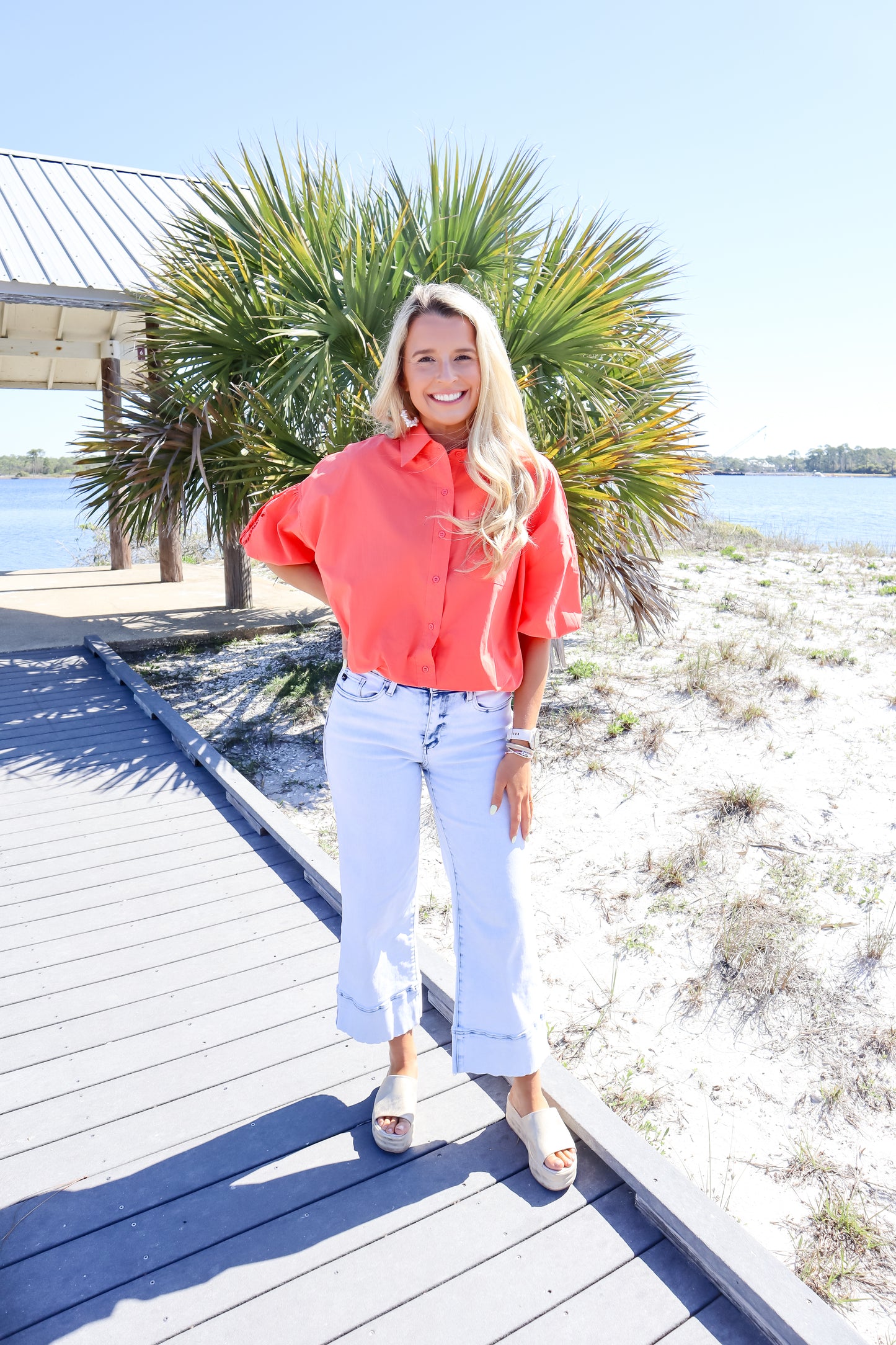 Coral Bubble Button Top