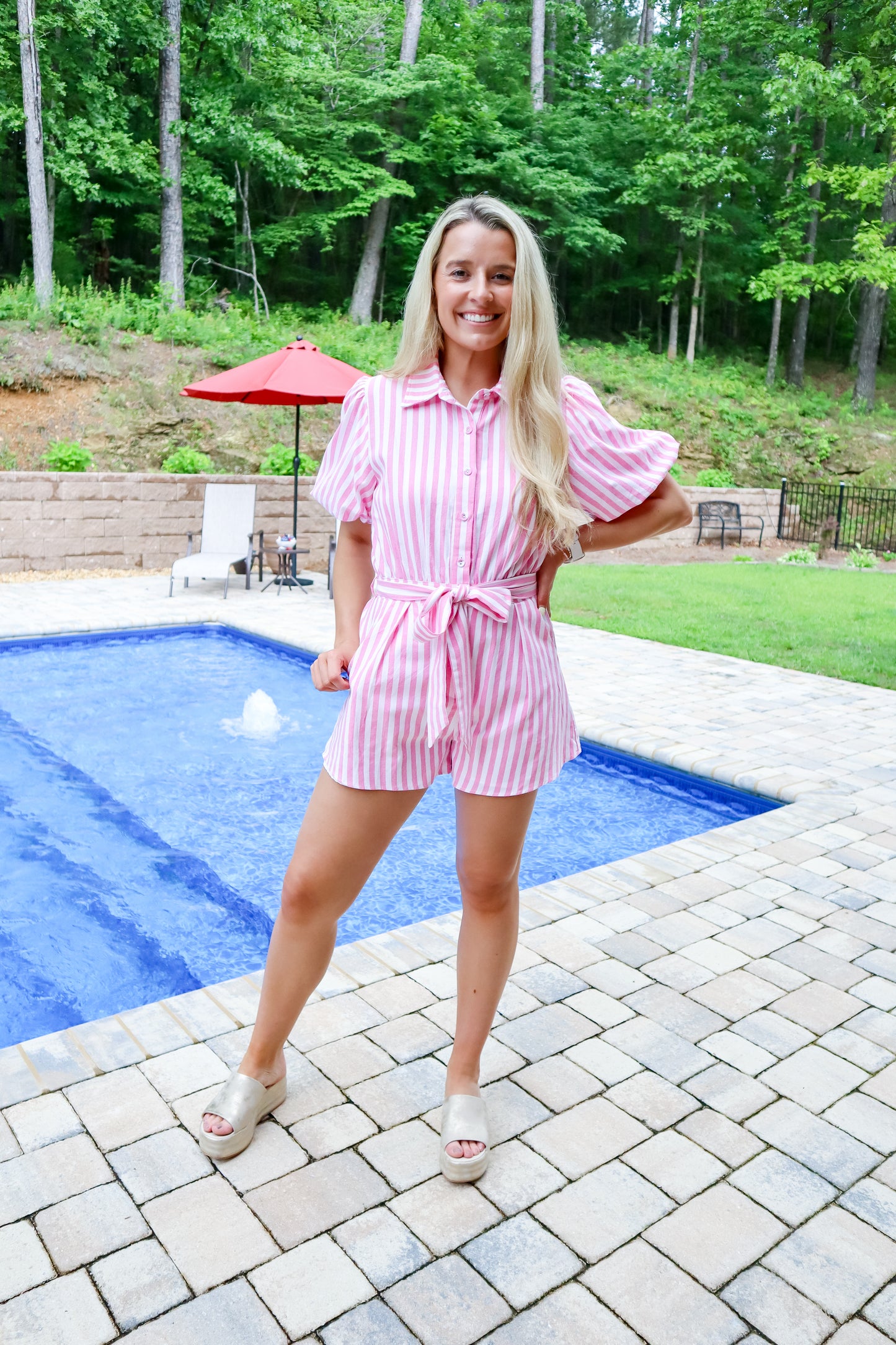 Pink Stripe Belted Romper