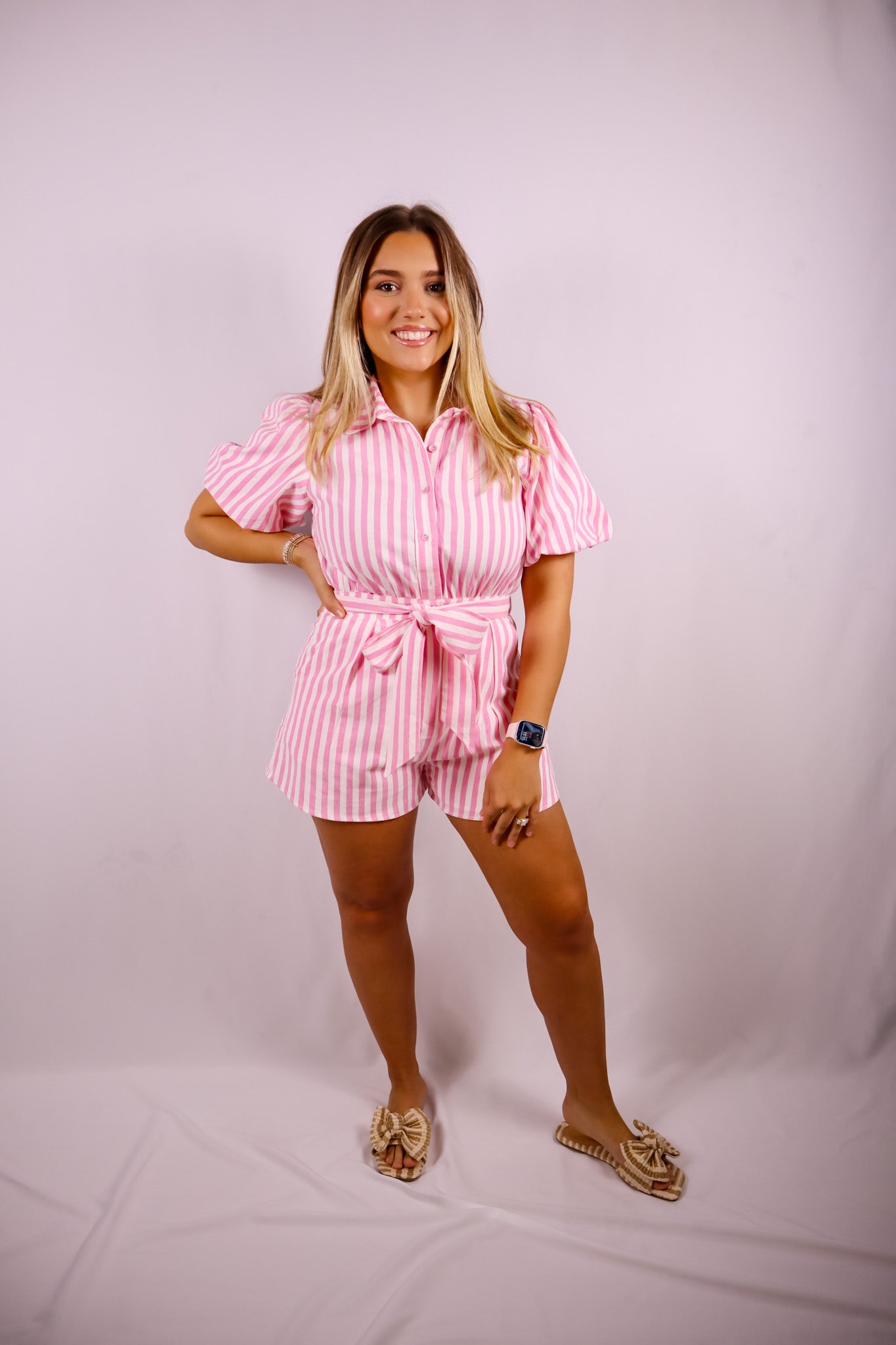 Pink Stripe Belted Romper