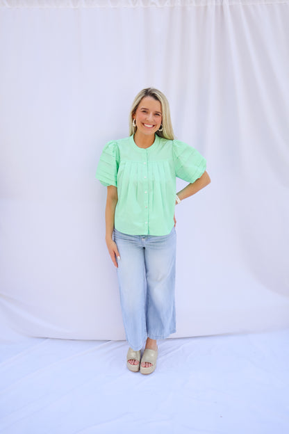Mint To Be Pleated Puff Sleeve Blouse