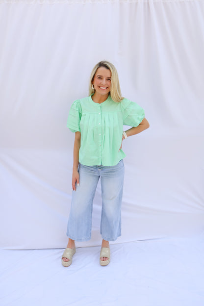 Mint To Be Pleated Puff Sleeve Blouse
