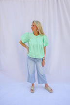 Mint To Be Pleated Puff Sleeve Blouse